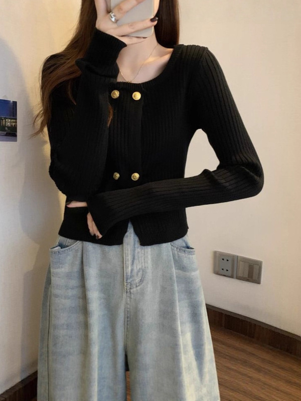 法式复古方领针织开衫女春装新款修身显瘦时尚百搭短款毛衣潮秋冬|undefined