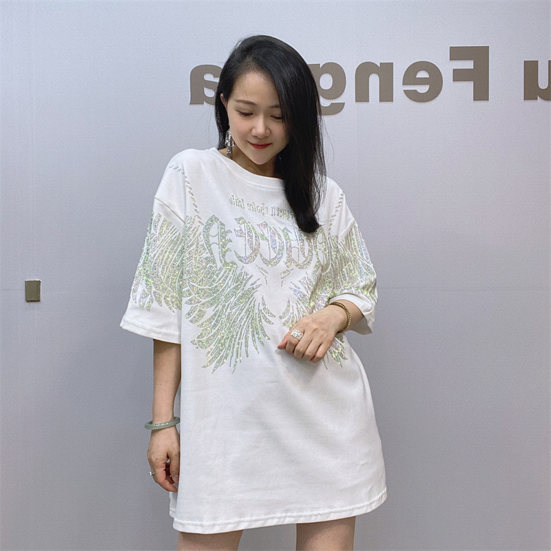 Amazon ropa de comercio exterior otoño nuevo top de manga corta marca de moda de las mujeres rhinestone camiseta de las mujeres de una sola pieza envío gratuito image 3