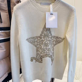 现货D家新款重工金线五角星刺绣减龄金闪闪羊绒套头长袖毛衣女