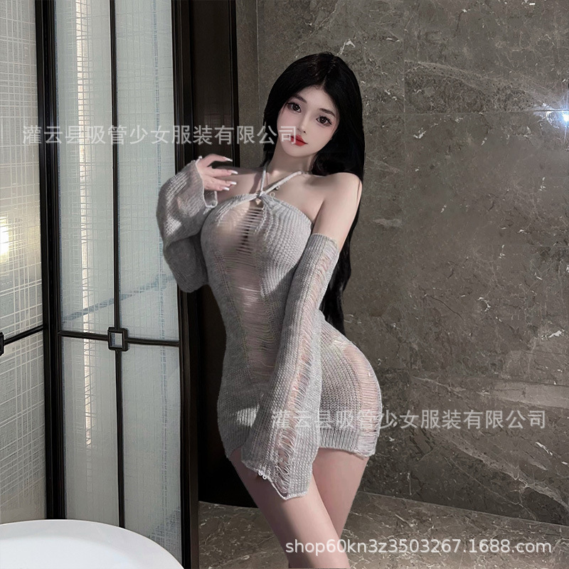 Ripped halter off-shoulder knitted shredded sweater uniform hot girl sling halter sheath backless nightdress 1519 Ripped halter off-shoulder knitted shredded sweater uniform hot girl sling halter sheath backless nightdress 1519