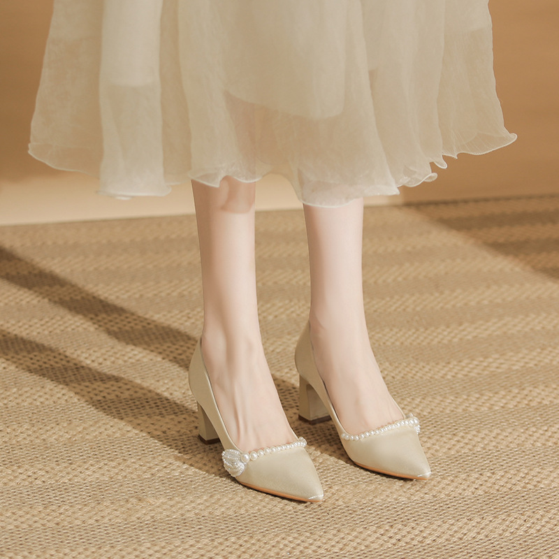 French High Heels, Feminine Small Size Bridesmaid Shoes, Women's Wedding Shoes, Main Wedding Dress, Girl's Silks and Satins Flats, Thick Heel Maternity Shoes