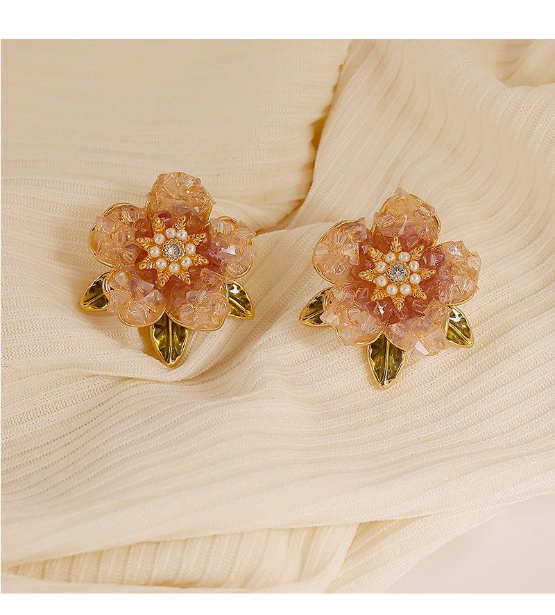 Daily Occasion Copper Material 1 Pair Sweet Flower Enamel Plating Inlay Copper Artificial Pearls Crystal 14k Gold Plated Ear Studs