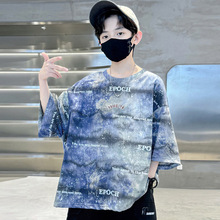 儿童装男童夏装T恤前后印花扎染新款中大童夏季短袖潮范圆领上衣