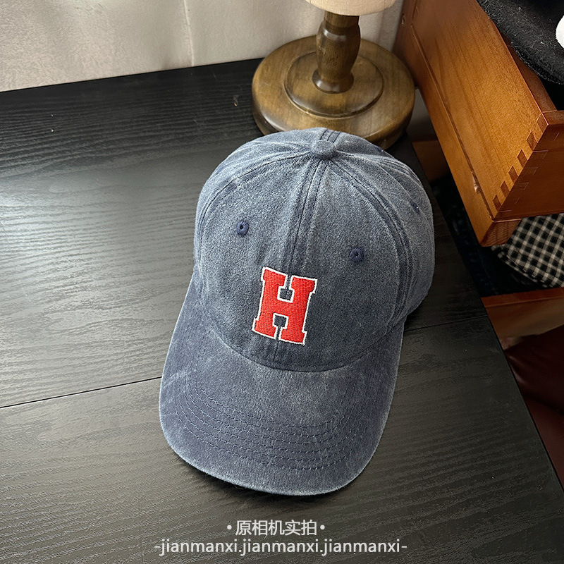 水洗牛仔做旧H字母棒球帽女夏季软顶透气复古美式百搭休闲鸭舌帽|undefined