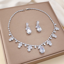 跨境套装 时尚潮流锆石耳环项链ins白色水滴流清新首饰气质锁骨链