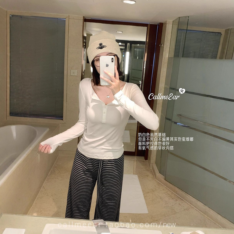 韩系辣妹风粉色半开领长袖t恤女装秋季小众修身内搭正肩打底上衣|undefined
