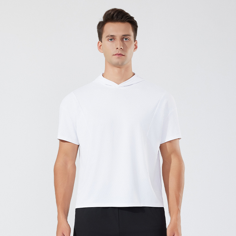 Verano nuevo estilo para hombres y mujeres con el mismo estilo de secado rápido casual de manga corta suelta blusa transfronteriza para correr al aire libre de manga corta con capucha de manga corta
