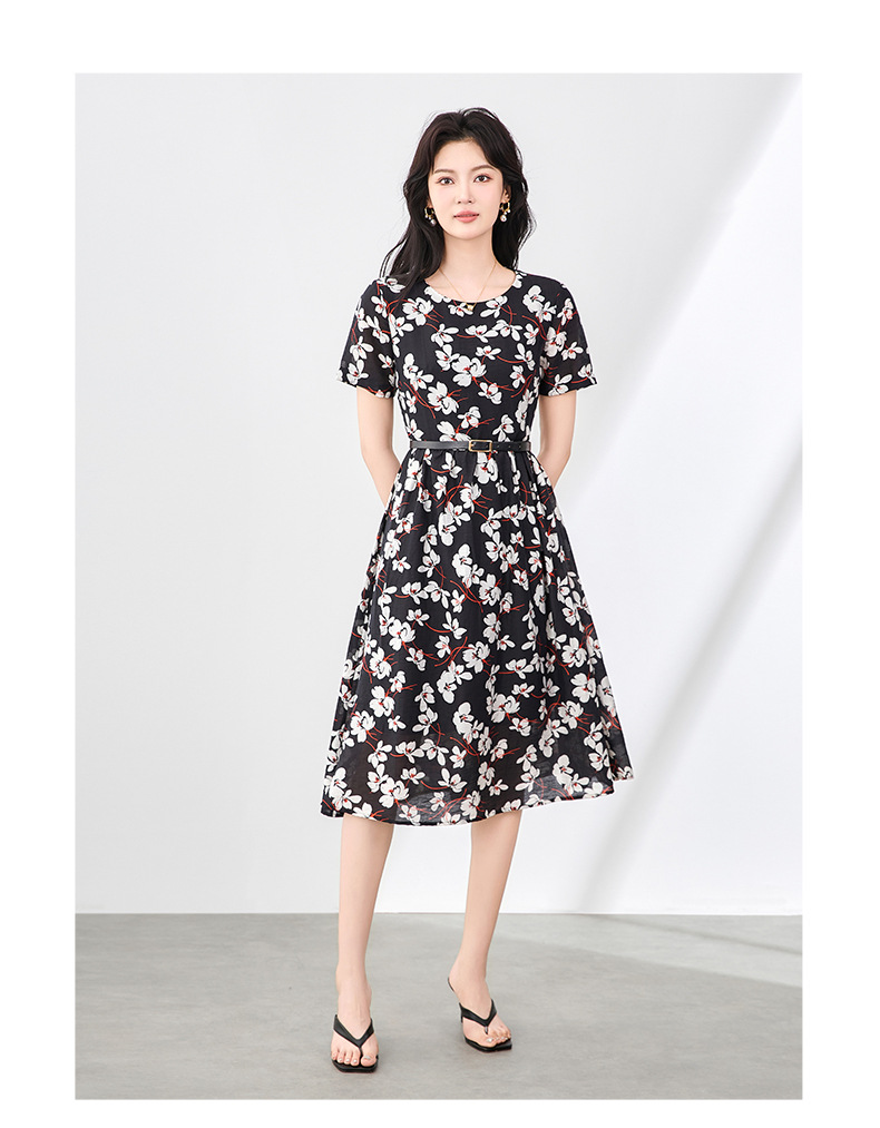 Váy maxi nữ tay ngắn thắt lưng chất liệu Tencel linen in họa tiết — Màu đen chi tiết 7
