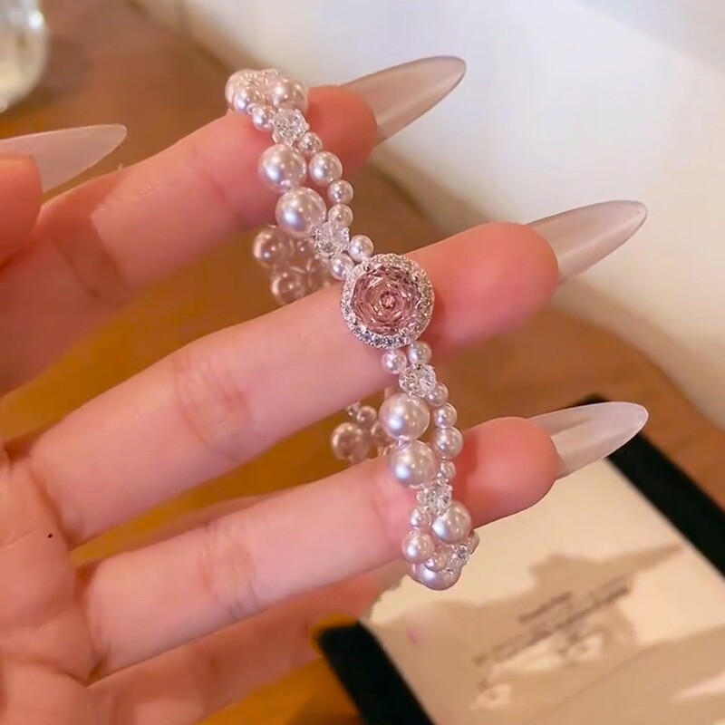 精致粉编织珍珠手链轻奢小众精致女款高级感新款千金气质显白手饰|undefined
