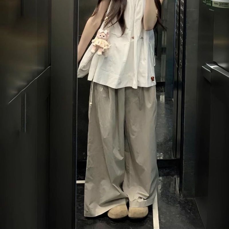 韓国風年齢軽減カジュアルスポーツスーツ女性用夏デザインニッチノースリーブシャツワイドレッグパンツ2点セット|undefined