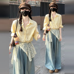 フランスの黄色のシャツの女性の夏の2025新型の春の修身の日よけのレースのシャツのドーパミンは上着を着ます。