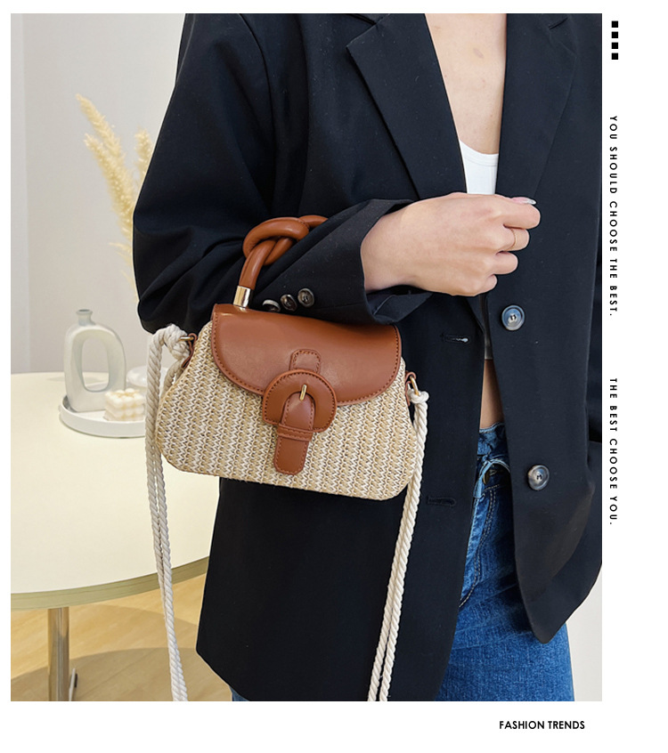 300g Weight Women's Medium Straw Color Block Vacation Beach Weave Square Lock Clasp Straw Bag