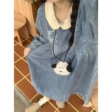 日系可爱hellokitty刺绣圆领牛仔连衣裙女春秋新款娃娃领上衣套装
