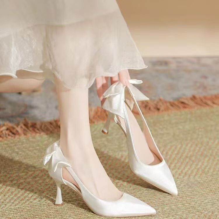 Shallow Mouth Single-layer Shoes Wedding Shoes Women's Bride Bow Satin Korean Style Stiletto Heel Women's High Heels Nude Fashion Pointed