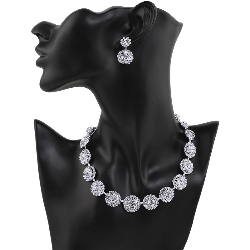 Conjunto de joyería nupcial brillante diamante completo collar redondo geométrico aretes conjunto de joyería de alta calidad al por mayor