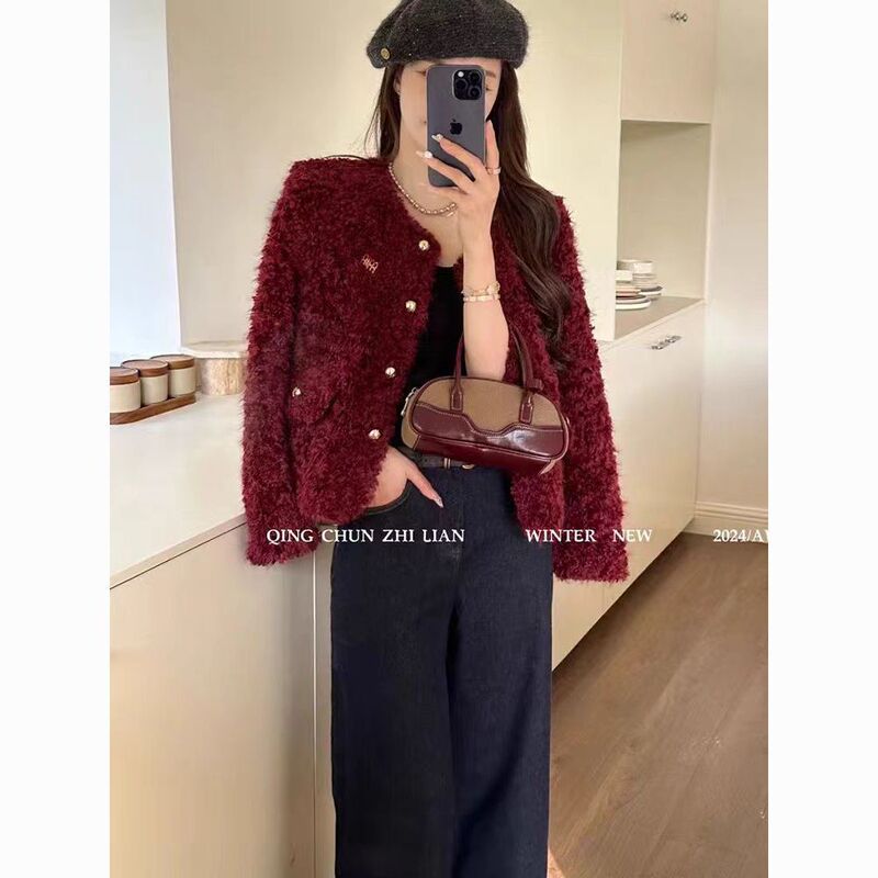 Teddy Fur Integrated Chanel-Style Jacket for Women, New Model for New Year, Ancora Red, Petite, Light Luxury Fur Coat