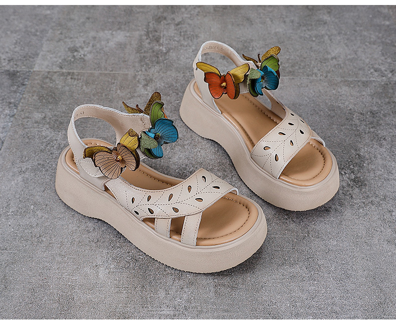 Sandal nữ hở mũi đế bệt da bò thật quai mảnh thủ công hoa — Màu trắng be chi tiết 13