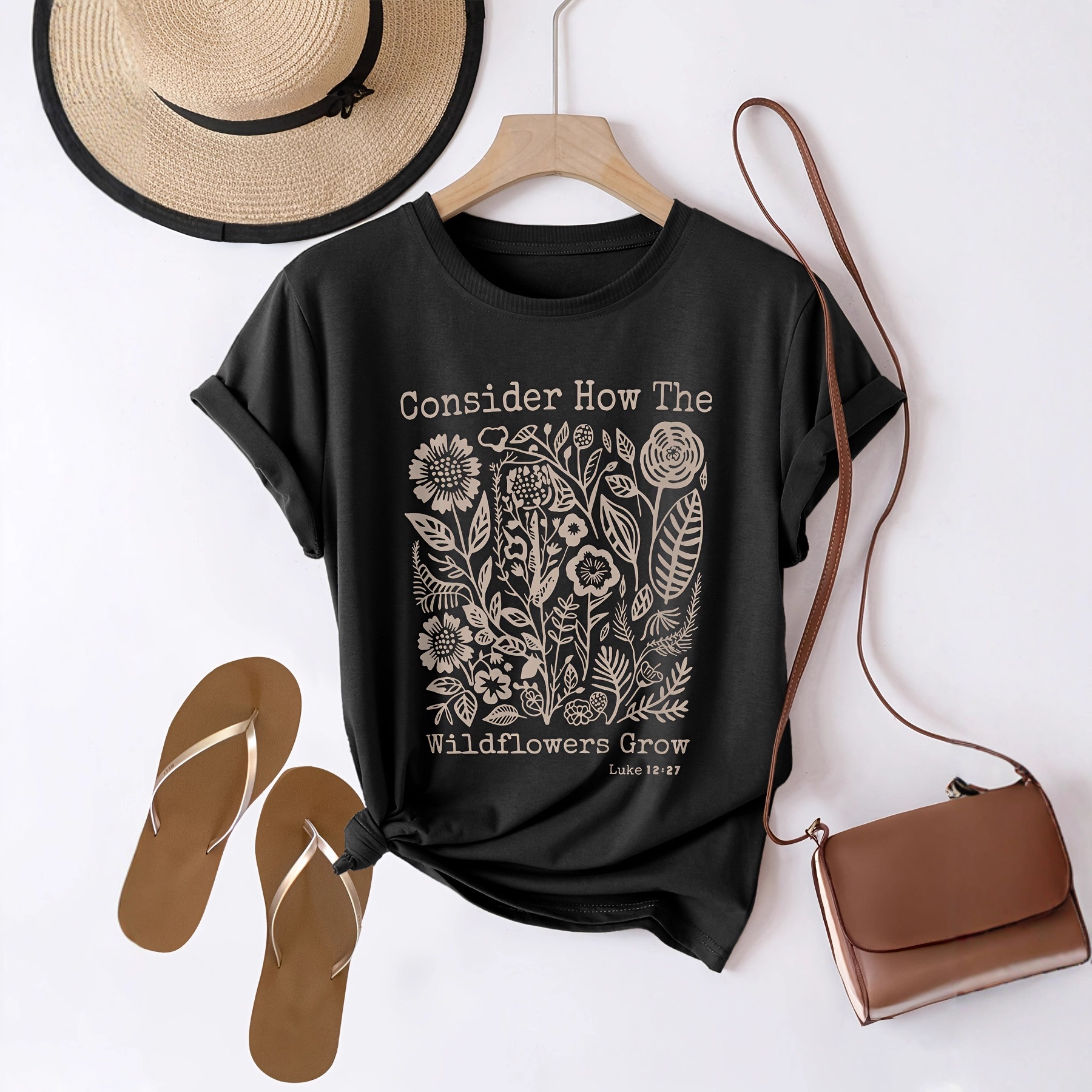 Foreign Trade Spot Summer Short-Sleeved Fashion Casual Light Gray Wildflower Letter Print T-Shirt for Women