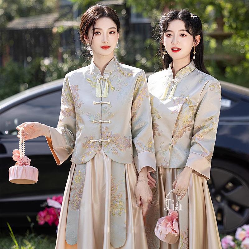 Chinese-Style Bridesmaid Dresses 2026 New Spring and Autumn High-End Niche Satin Long-Sleeve Dresses for Women That Can Be Worn Daily