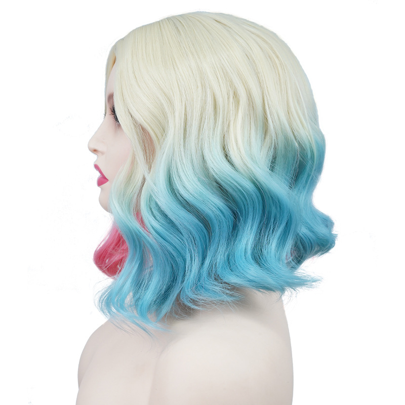 Perruque synthétique en fibre de cosplay pour Halloween, cheveux courts et bouclés colorés, ensemble de tête complète_voghion.com