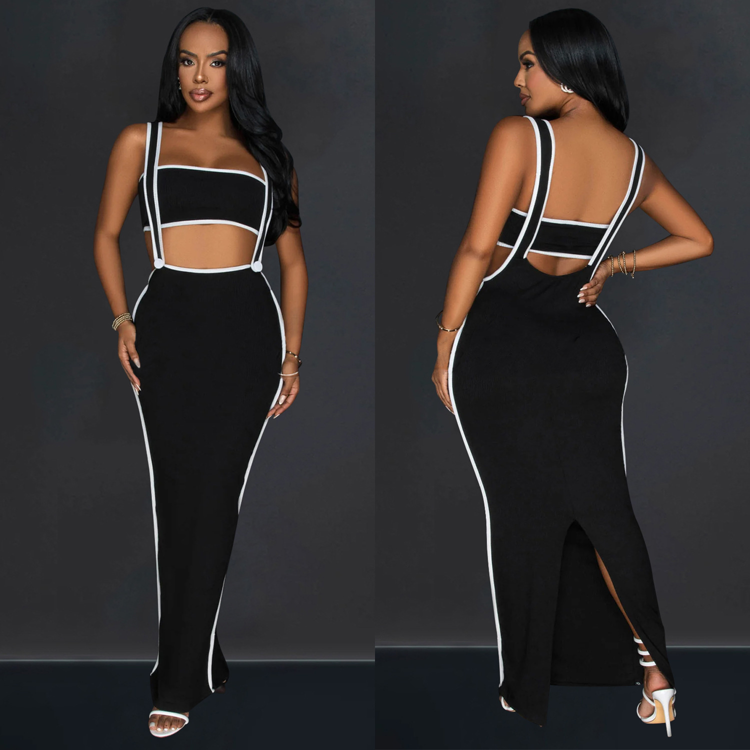 C6950 Aliexpress transfronterizo amazon ropa de moda europea y americana de mujer sexy con cinturón de dos piezas vestido largo