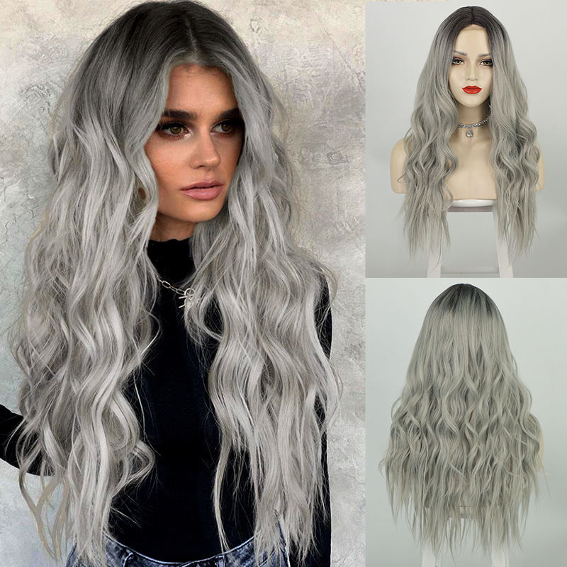 Wig European and American Women's Long Curly Hair Small lace Front lace Gradient Gray Mid lace wigs Chemical Fiber Headgear