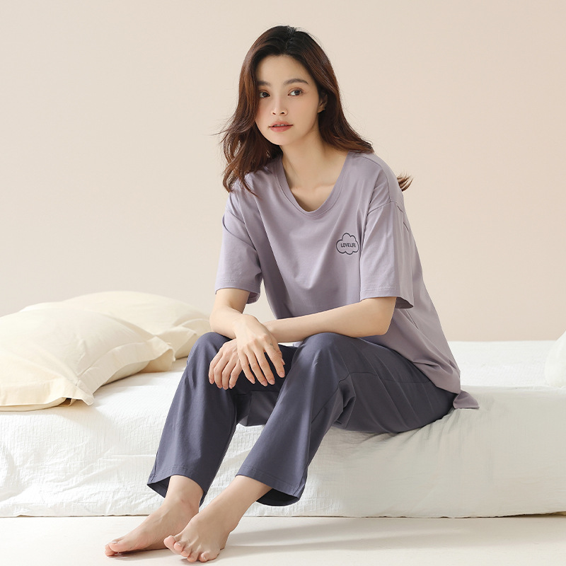 Women's Summer Thin Pajamas with Chest Pads, Pullover, Large Size, Can Be Worn Outside, Summer Short-Sleeved Long Pants, Pure Cotton Loungewear for Women