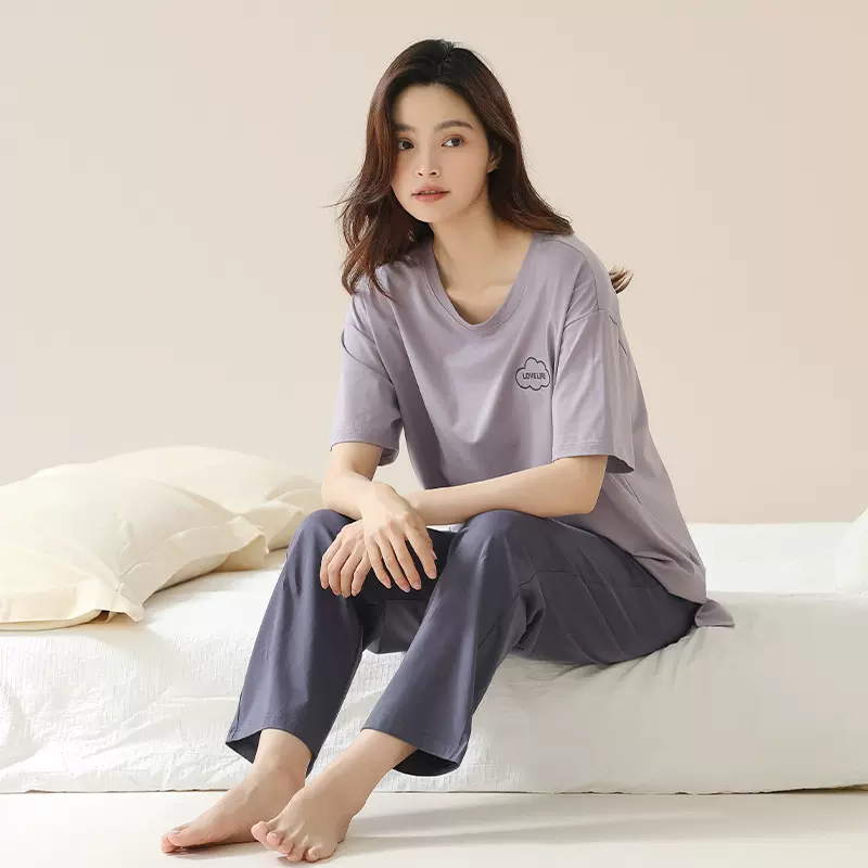 睡衣女夏带胸垫可外穿宽松大码睡衣套装夏天纯棉女士短袖家居服