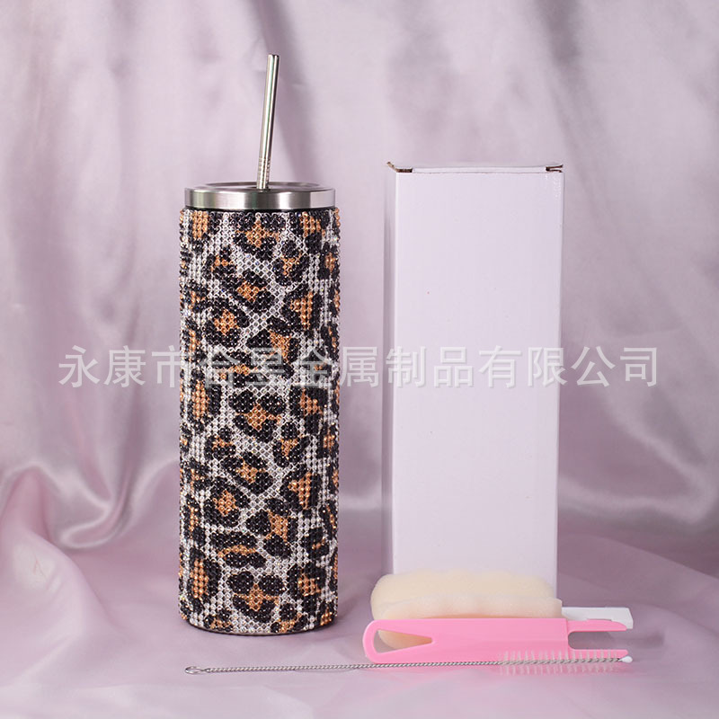 20oz Comercio exterior moda nuevo diamante paja 304 Acero inoxidable recta taza de vacío completo diamante taza de café