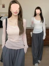 粉色V领温柔针织打底衫女春秋修身显瘦长袖薄款微透夏日防晒上衣