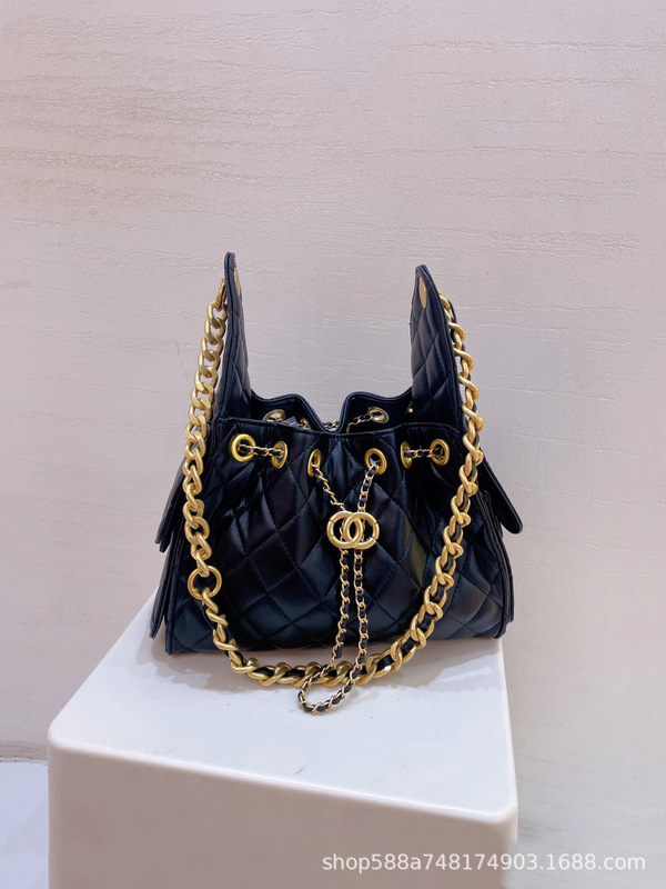 小香风25C中古水桶包女时尚真皮菱格链条流浪包大容量单肩托特包|undefined