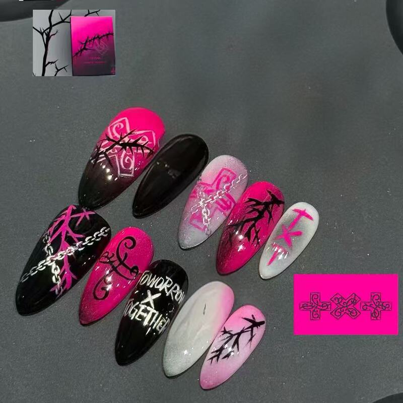 TXT-style black and pink thorn press-on nails with rose red gradient chain and cross design, fake nail patches from a cross-border factory TXT-style black and pink thorn press-on nails with rose red gradient chain and cross design, fake nail patches from a cross-border factory