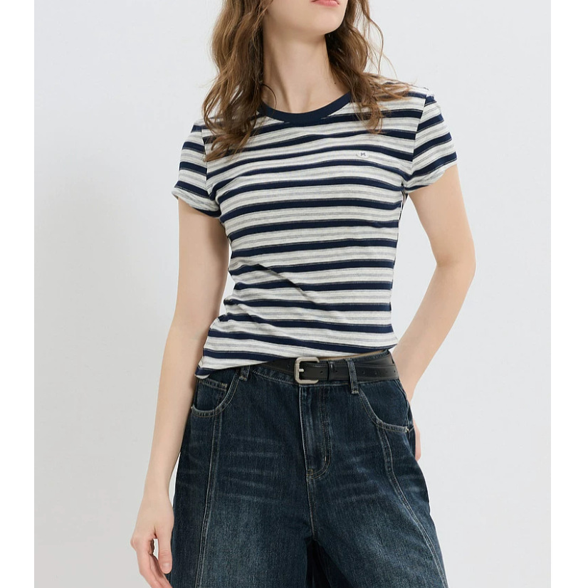 Qadın üçün zolaqlı slim fit qısaqol köynək