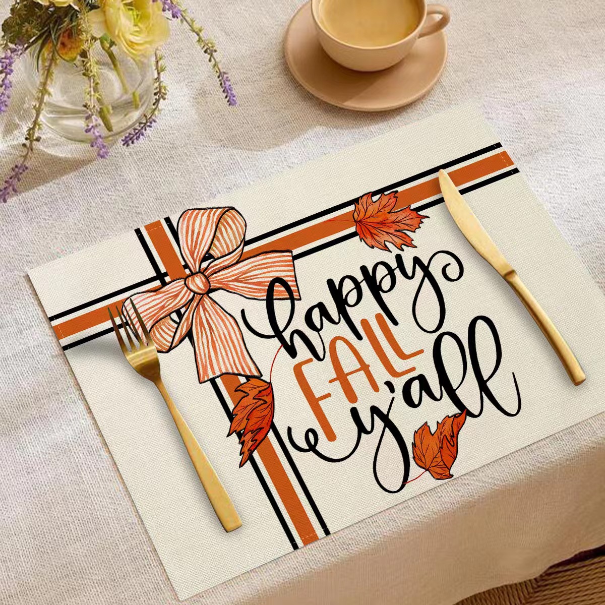Transfronterizo temu explosión Día de Acción de Gracias otoño calabaza lino estampado conjunto lino estampado mesa de restaurante