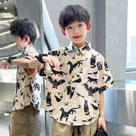 男童短袖衬衫2025年夏季洋气儿童嘻哈上衣新款韩版满印动物衬衣潮