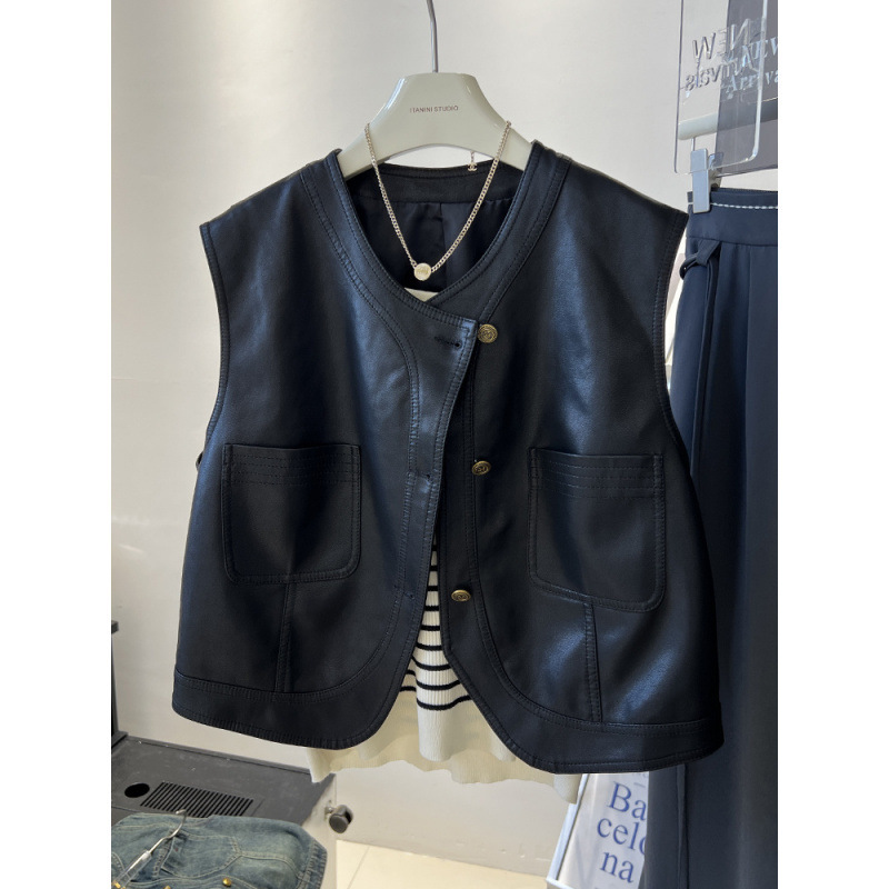 皮马甲女短款2025秋装新款韩系穿搭机车服无袖背心马夹外套上衣潮|undefined