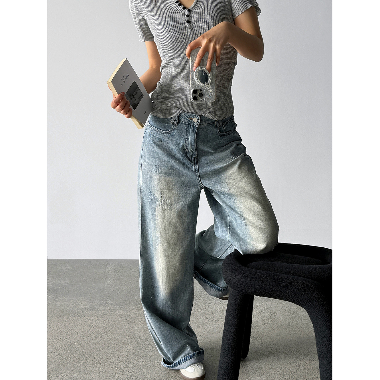 【王琪芝】主推重工细闪亮粉牛仔裤女夏显瘦宽松阔腿长裤子WQ226