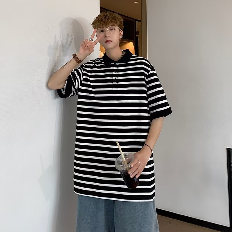 Polo casual de solapa para hombre Camiseta de manga corta Camiseta de fondo de ropa de clase para jóvenes de hombre a rayas