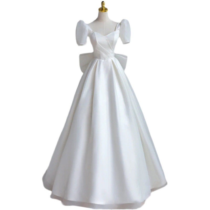 Vestido de novia de satén 2024 nueva luz nupcial vestido de boda principal estilo retro francés corte elegante simple piso de longitud hilo al aire libre image 1