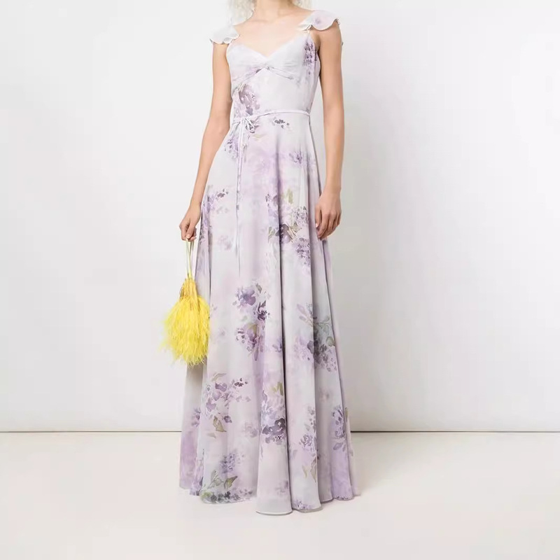 European and American Cold Style Gentle Printing Sexy Backless Sleeveless Vacation and Long Dress Goddess Fan Chiffon dress Summer