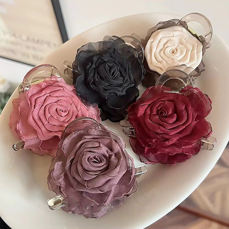 干枯玫瑰花朵抓夹女2024新款高级感发夹后脑勺半扎发发抓小众发饰
