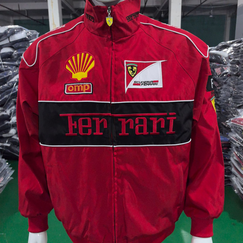 Red and black color-blocked Ferrari multi-logo embroidered stand-up collar loose vintage racing jacket Red and black color-blocked Ferrari multi-logo embroidered stand-up collar loose vintage racing jacket