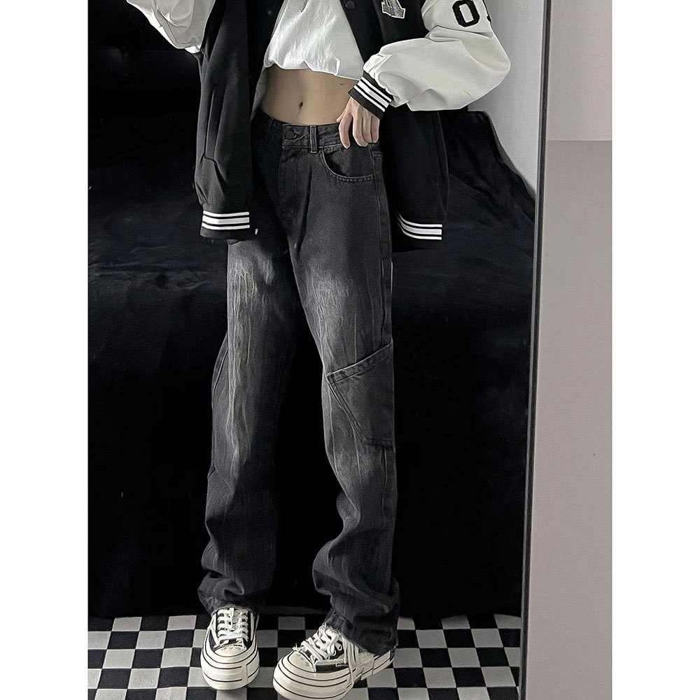 American high street loose washing retro jeans high waist casual straight trousers men and women fashion brand black pants