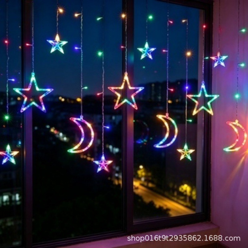 Led Star and Moon Curtain Lights Bedroom String Lights Large and Small Stars Plug-In Christmas Holiday Decoration Hanging Lights Holiday Atmosphere