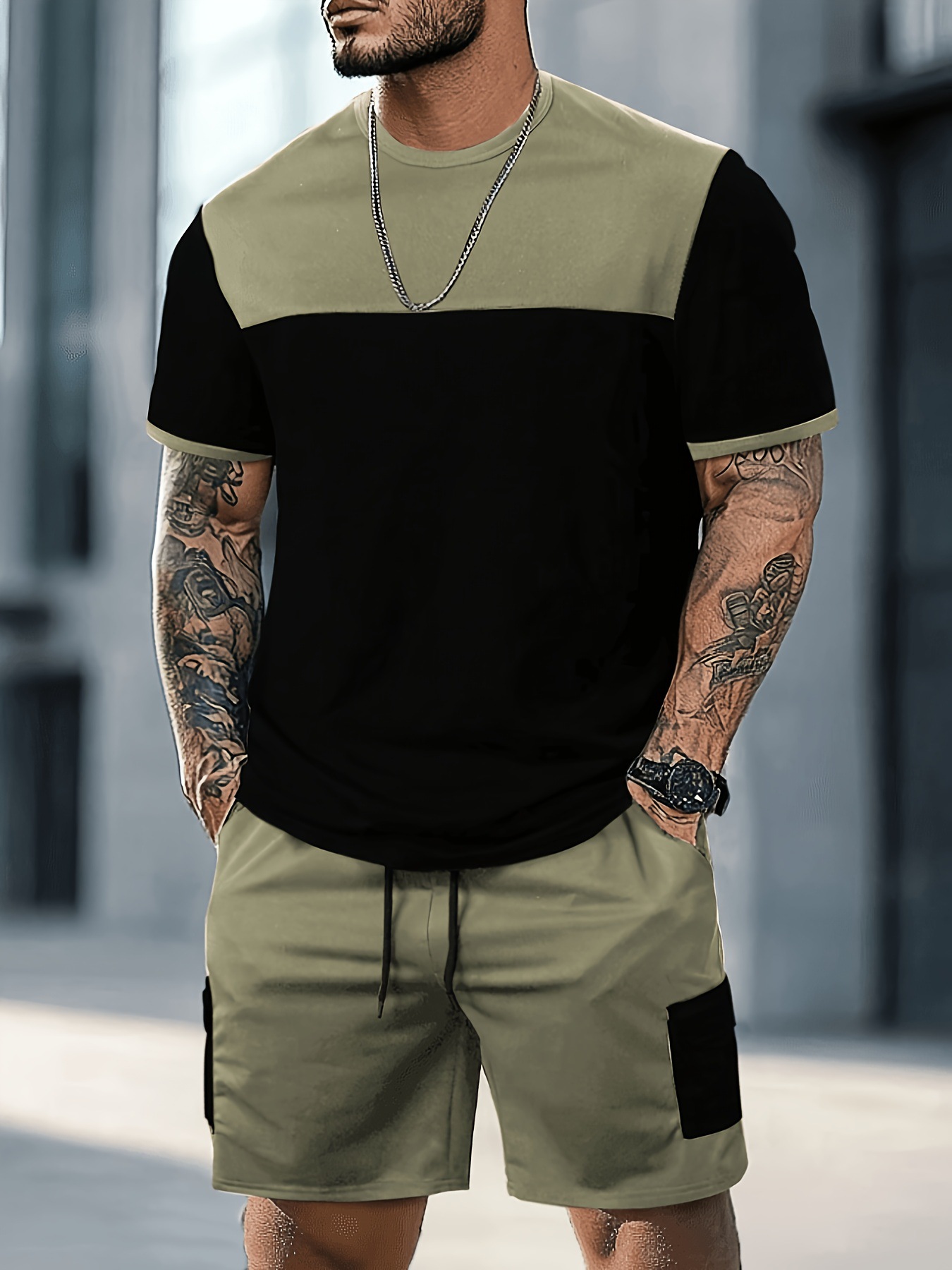 Men's Color Block Sports Suit American Style Casual Set Summer Short Sleeve Shorts For Men_viptrois.com