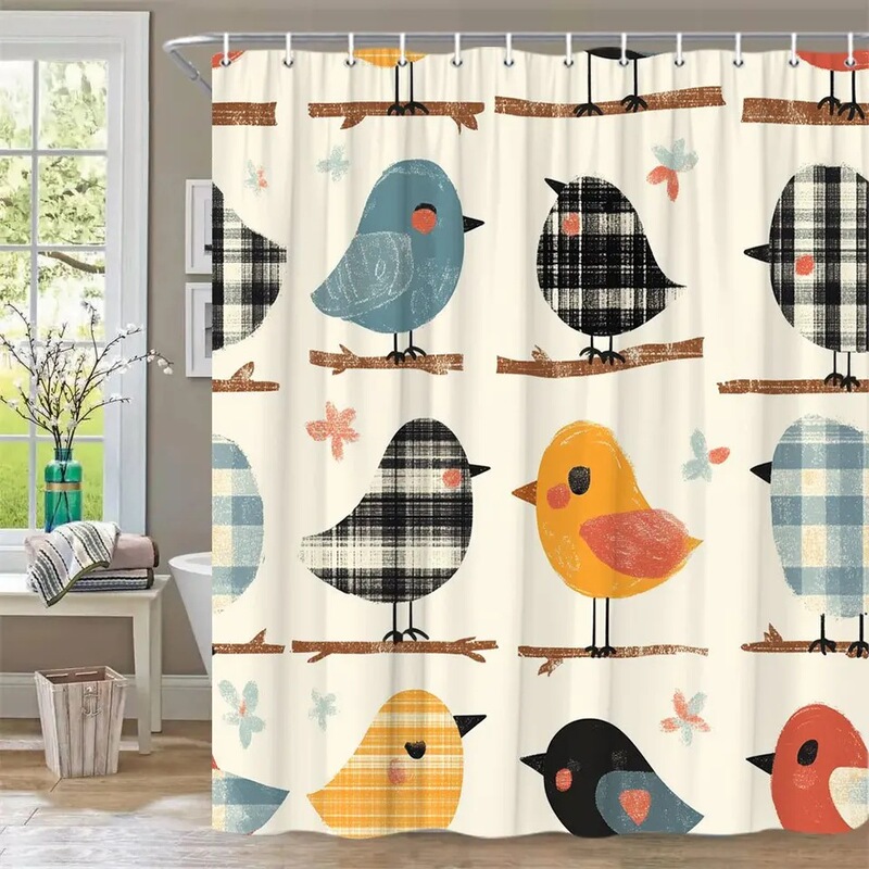 Cross-Border Bathroom Shower Curtain with Plaid Pattern, Colorful Birds on Branches, Fresh and Playful Decorative Design, No-Drill Shower Curtain with 12 Hooks