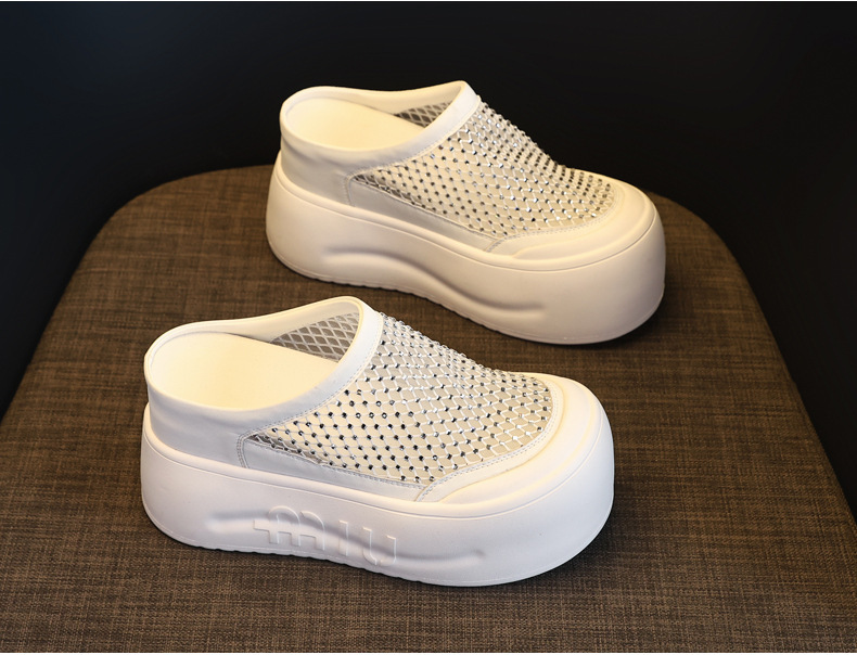 Dép sandal nữ đế dày tăng chiều cao, mũi kín đính đá rhinestone, phong cách bánh xốp mùa hè — màu đen, màu trắng chi tiết 5