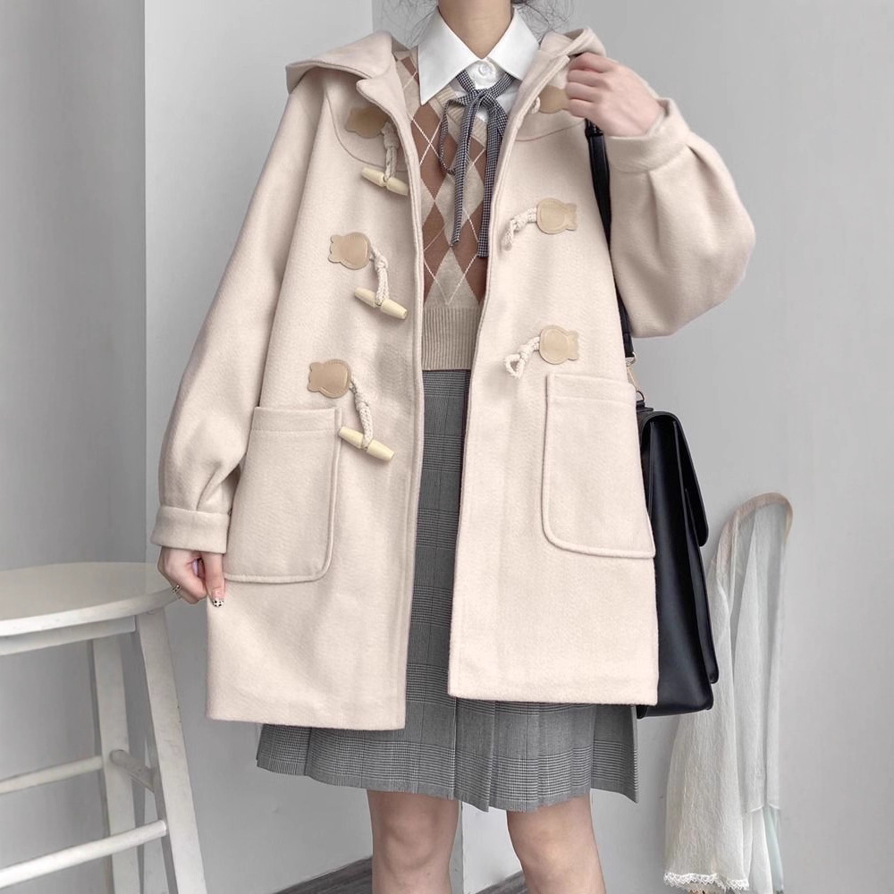2025外套女冬季小个子学院风加厚中长款牛角扣毛呢大衣女连帽