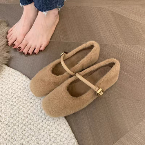 Flat Mary Jane Plush Booties with One Strap, Low-top Square Button Winter Fleece Women's Shoes with Thick Sole
