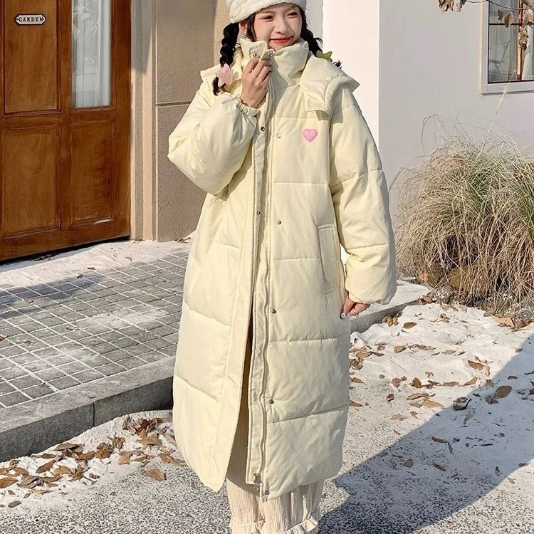 밀크 후푸 다운 면 패딩 재킷 여자 겨울 코트 2024 새로운 한국 달콤한 사랑 면 패딩 무릎 두꺼운 코튼 패딩 재킷